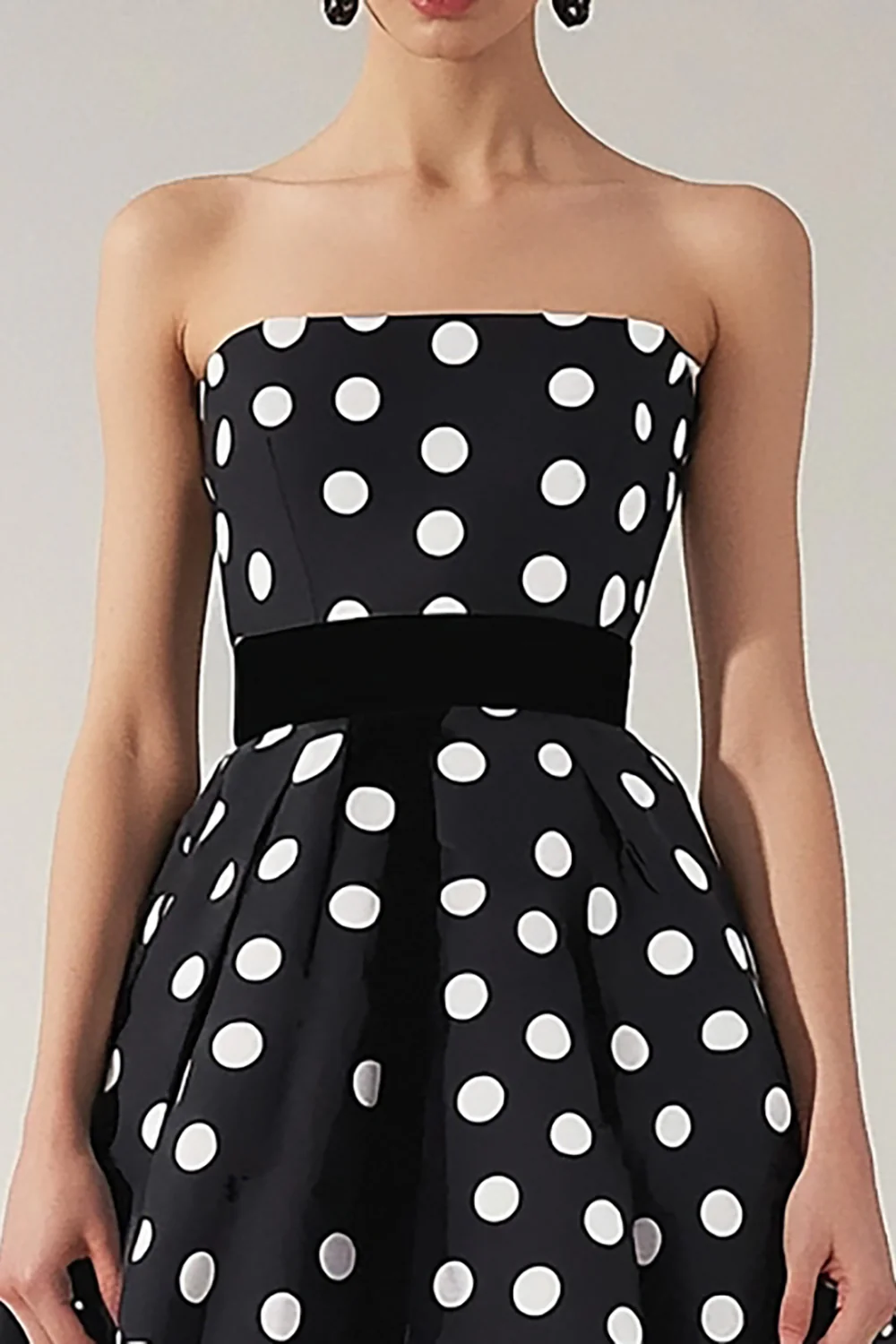 Strapless A Line Black and White Satin Midi Polka Dot Dress - JUORTHO