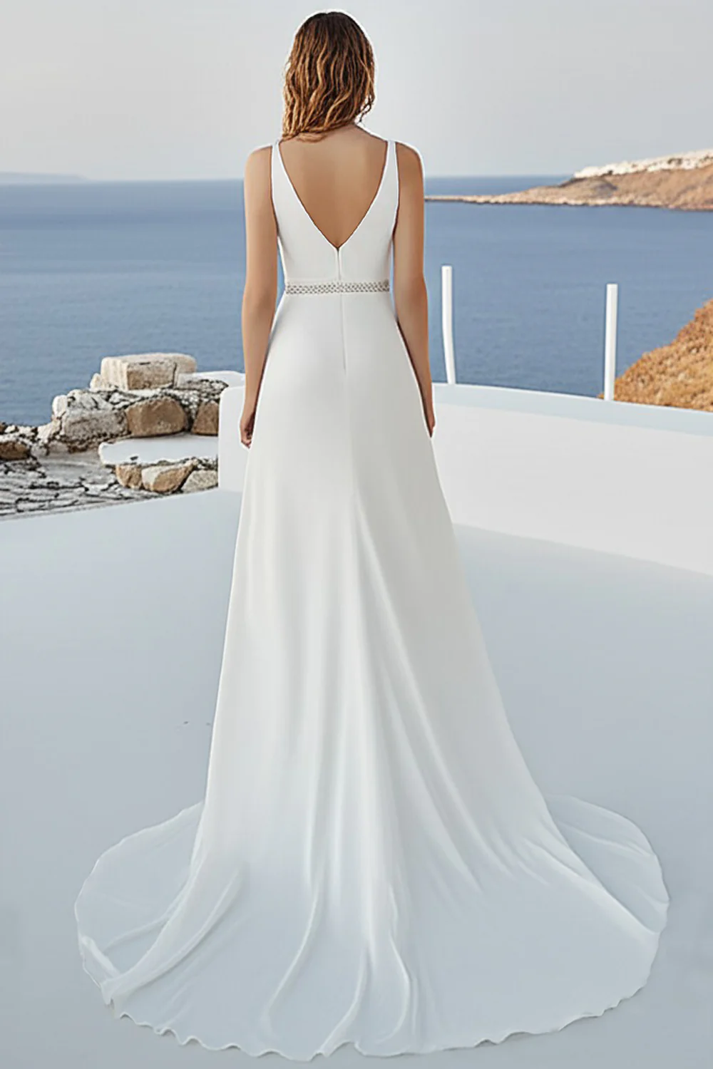 Ivory A Line Deep V-Neck Long Wedding Dress with Slit - JUORTHO