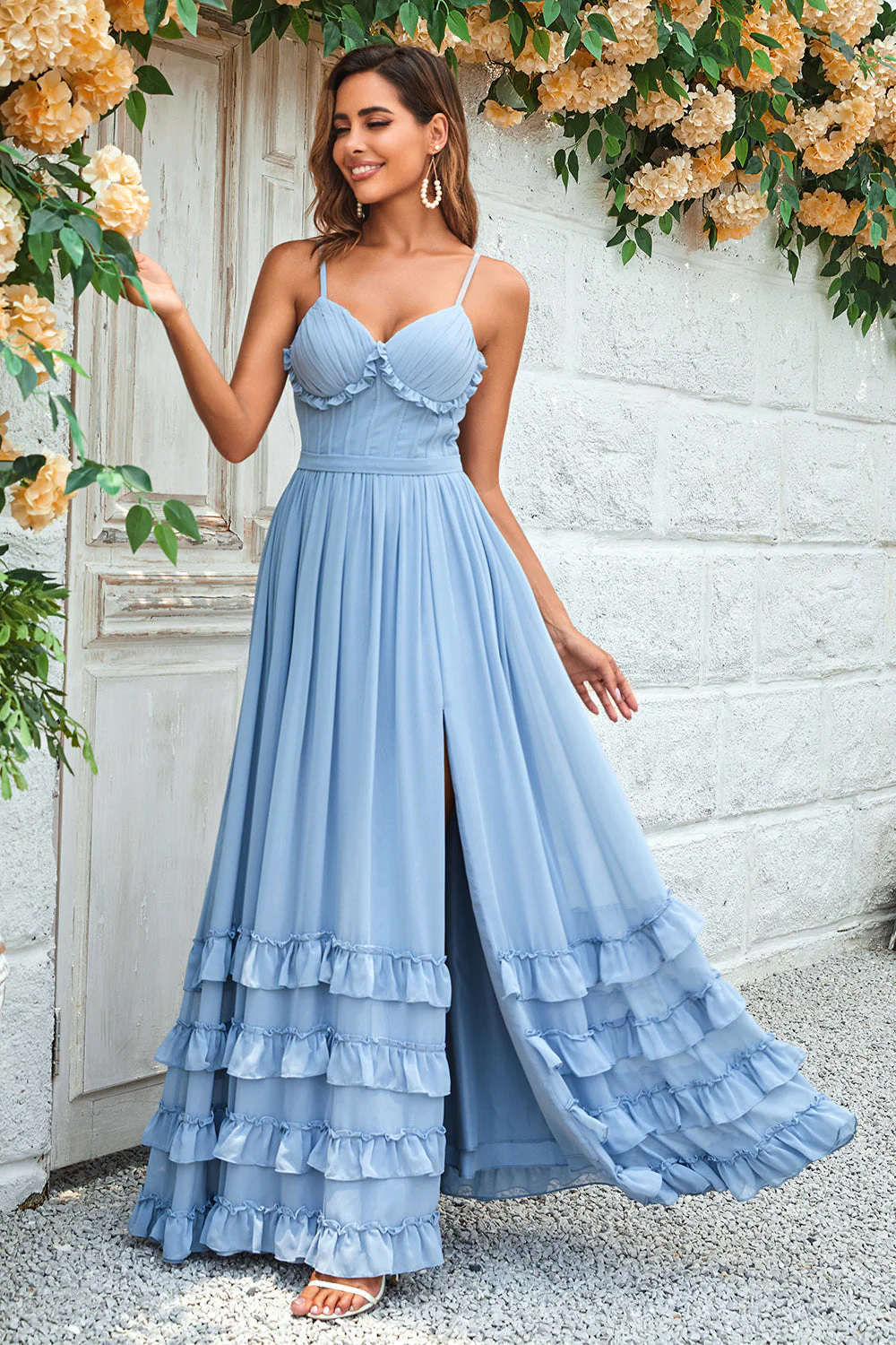 Charming A Line Spaghetti Straps Dusty Blue Long Bridesmaid Dress with Criss Cross Back - JUORTHO