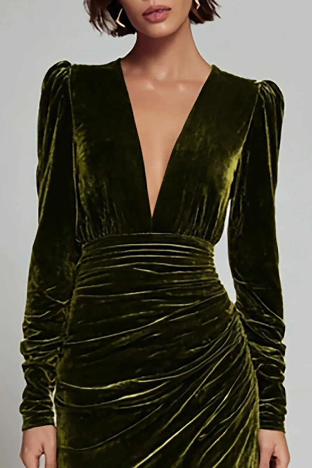 Olive Sheath Velvet Deep V-Neck Long Holiday Party Dress with Sleeves - JUORTHO