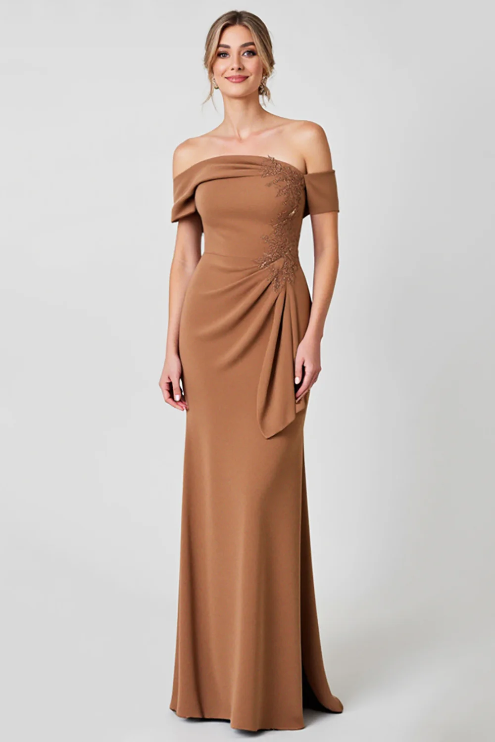 Brown Off the Shoulder Ruched Long Mother of the Bride Dress - JUORTHO