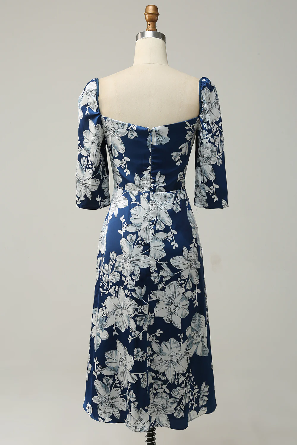 Long Sleeve Ink Blue Floral Bridesmaid Dress - JUORTHO