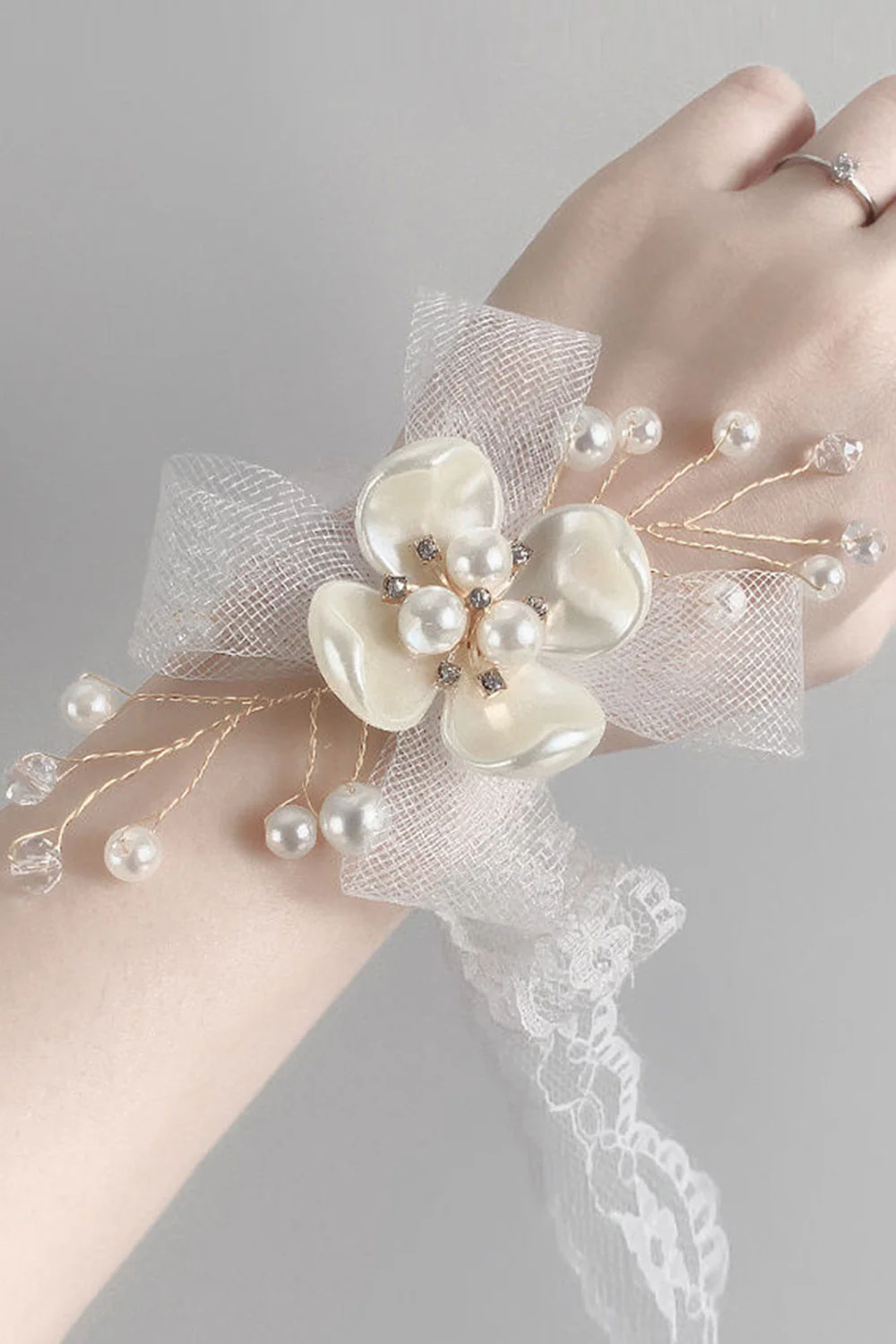 Elegant White Ceramic Flower Mesh Wrist Corsage with Lace Ribbon - JUORTHO