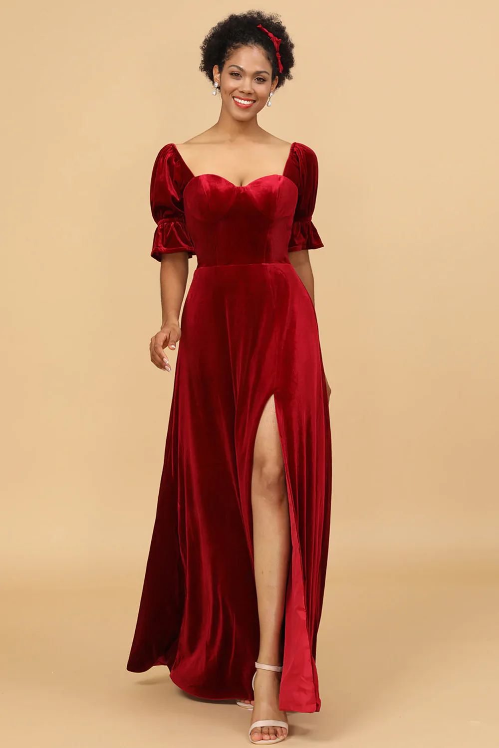 Red Velvet Half Sleeves Bridesmaid Dress With Slit - JUORTHO
