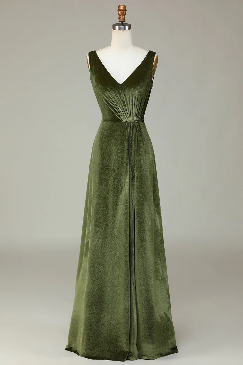 V-Neck Sleeveless A Line Olive Velvet Bridesmaid Dress with Slit - JUORTHO