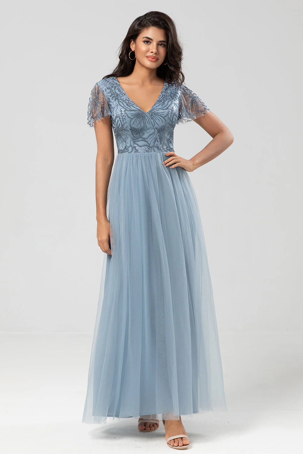 Confidently Charismatic A Line V Neck Dusty Blue Long Bridesmaid Dress with Beading - JUORTHO