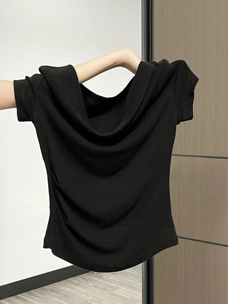 French style one-shoulder short-sleeved T-shirt for women in summer, sweet and spicy niche design, pleated slim waist, beautiful small top - EHAORUI