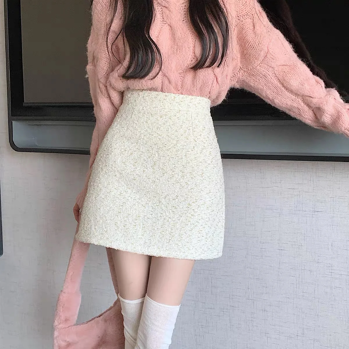 Autumn and winter with sweater skirt femininity celebrity small fragrance bag hip skirt small high waist a-line short skirt - EHAORUI