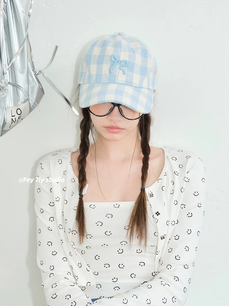 feytiy denim fashionable casual embroidered bow baseball cap for women spring and summer versatile peaked cap curved brim dome - EHAORUI