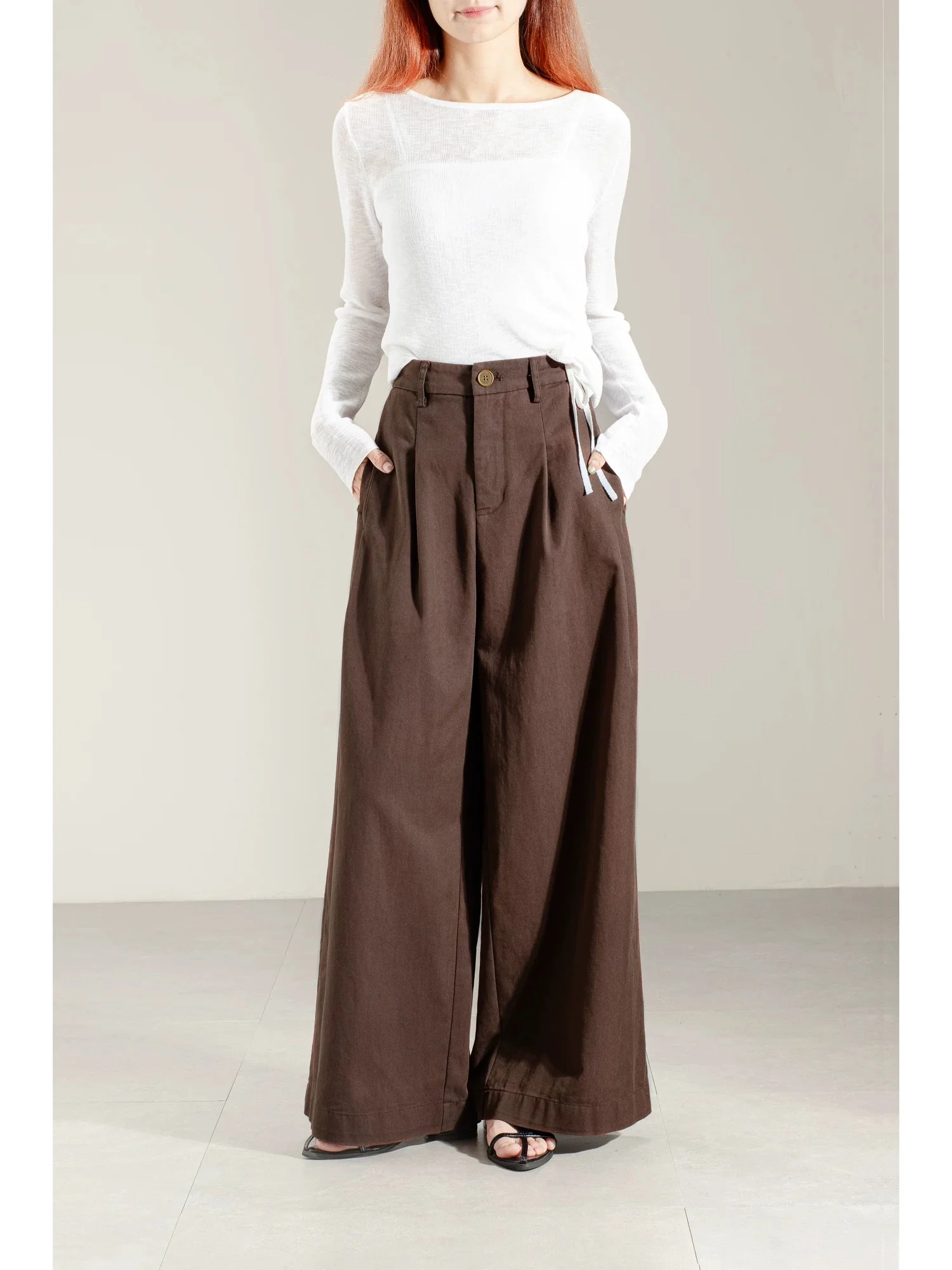 2025 autumn new style temperament retro high waist coffee color wide leg pants trousers women spring and autumn loose slim straight pants - EHAORUI