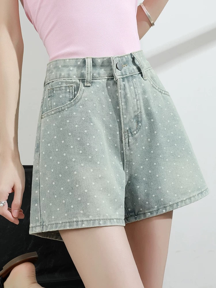 Polka dot denim shorts women summer 2025 new high waist loose wide leg slim blue a hot girl hot pants thin - EHAORUI