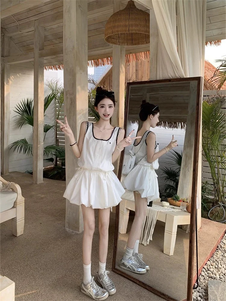 Sweet style unique niche flower bud skirt dress female summer age-reducing white A-line short skirt small vest skirt - EHAORUI