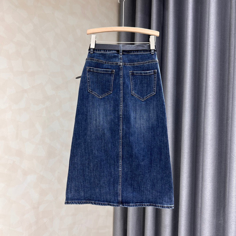 Front slit denim skirt women's 2022 autumn new style thin all-match high waist a-line bag hip dress - EHAORUI