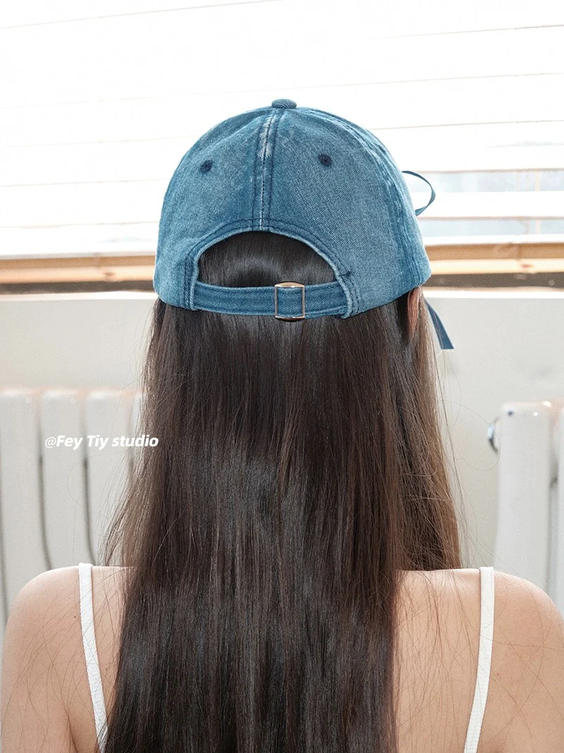 feytiy three-dimensional bow denim baseball cap strap versatile spring and summer sun protection casual Korean ins peaked cap - EHAORUI