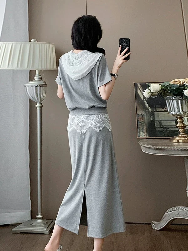French style casual sports suit for women summer splicing lace temperament gray short-sleeved top skirt two-piece suit - EHAORUI