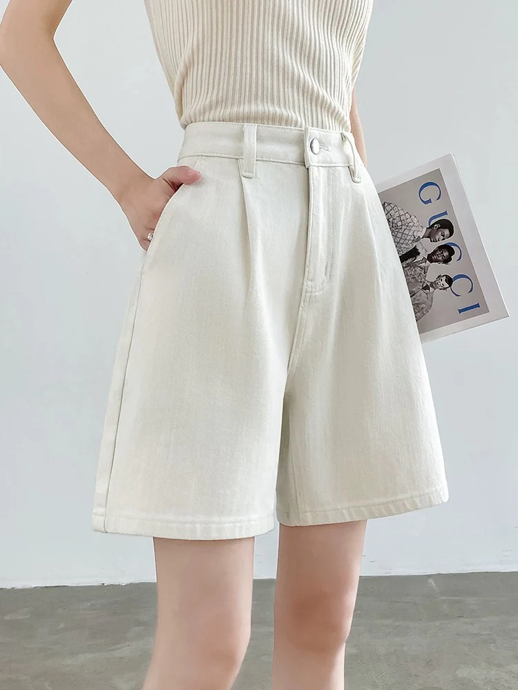 White four-way stretch denim shorts women's summer thin high waist A-line loose slim wide leg loose five-point pants - EHAORUI