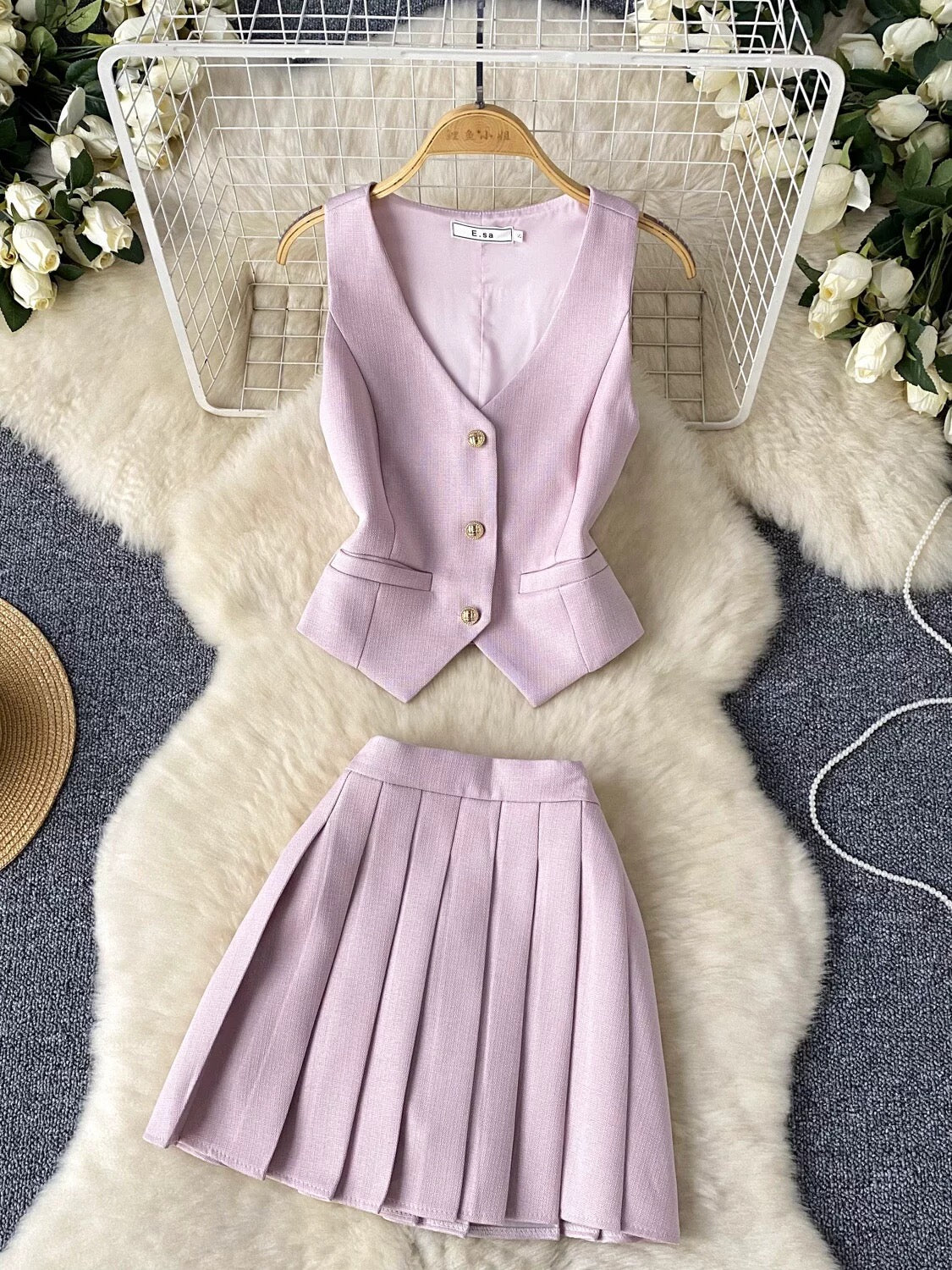 French  style single-breasted versatile slit suit vest + high waist pleated skirt two-piece suit - EHAORUI