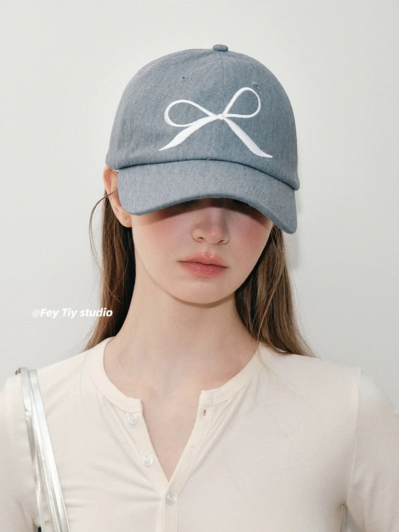 feytiy denim fashionable casual embroidered bow baseball cap for women spring and summer versatile peaked cap curved brim dome - EHAORUI