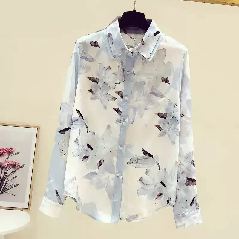 Women's clothing cutting label counter withdrawal foreign trade spring and autumn retro Hong Kong style floral long-sleeved chiffon shirt top women - EHAORUI