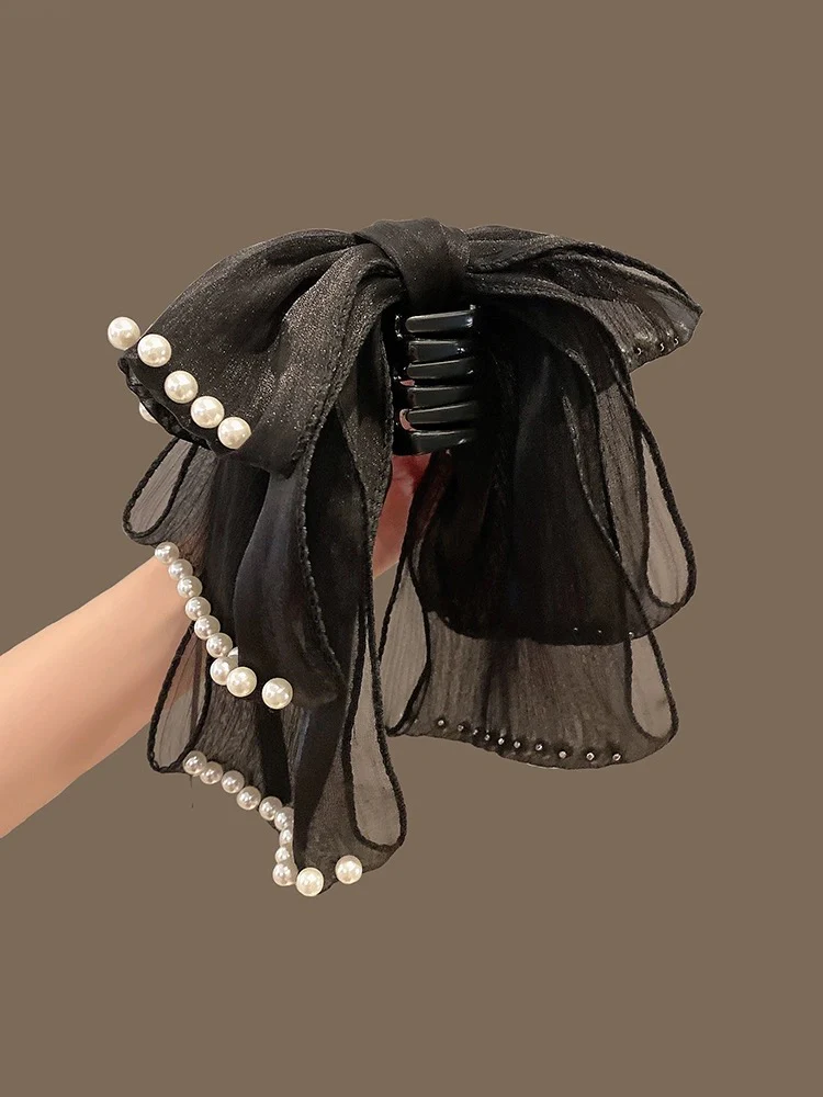 Pearl streamer bow clip clip women's back of head shark clip hairpin clip headwear half-tied high ponytail hairpin - EHAORUI