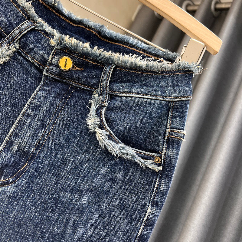 Design sense denim skirt women's spring and summer new washed white fur edge high waist slim a-line bag hip long skirt - EHAORUI