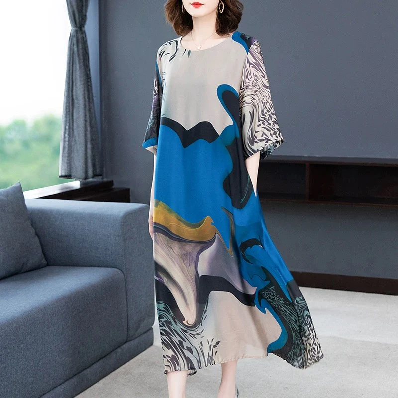 Retro literary long skirt for women 2024 summer printed mid-length temperament slim irregular Tencel dress - EHAORUI