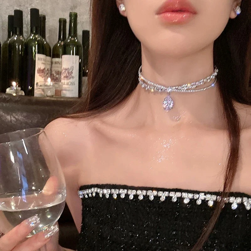 choker exaggerated flash diamond choker women's necklace high-end design niche clavicle chain necklace dinner party accessories - EHAORUI