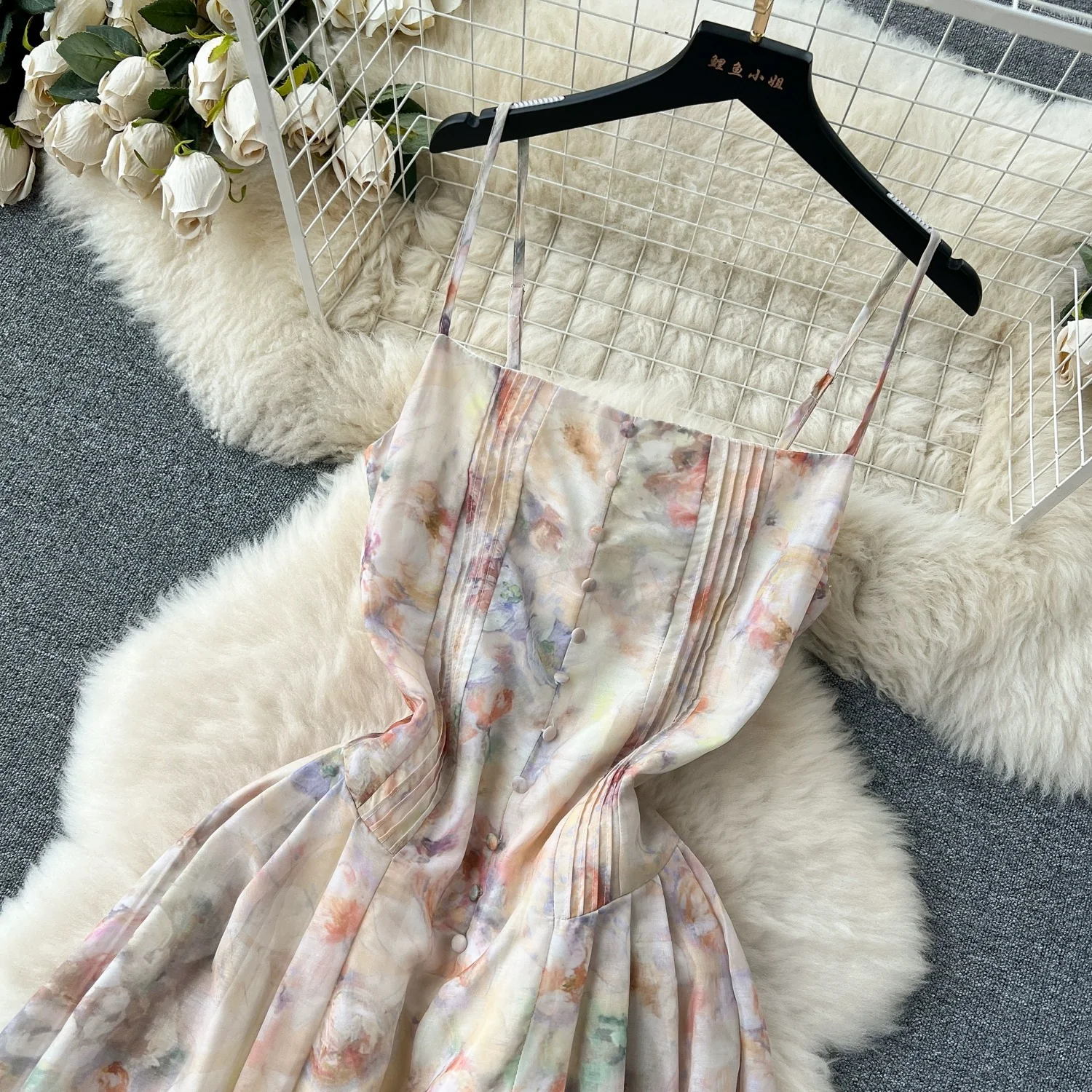 French floral chiffon suspender dress for women summer new high-waist slimming temperament super fairy style holiday long skirt - EHAORUI