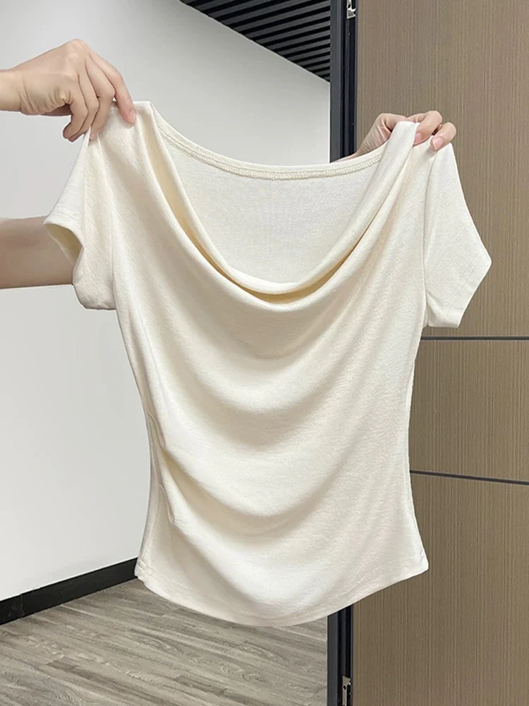 French style one-shoulder short-sleeved T-shirt for women in summer, sweet and spicy niche design, pleated slim waist, beautiful small top - EHAORUI