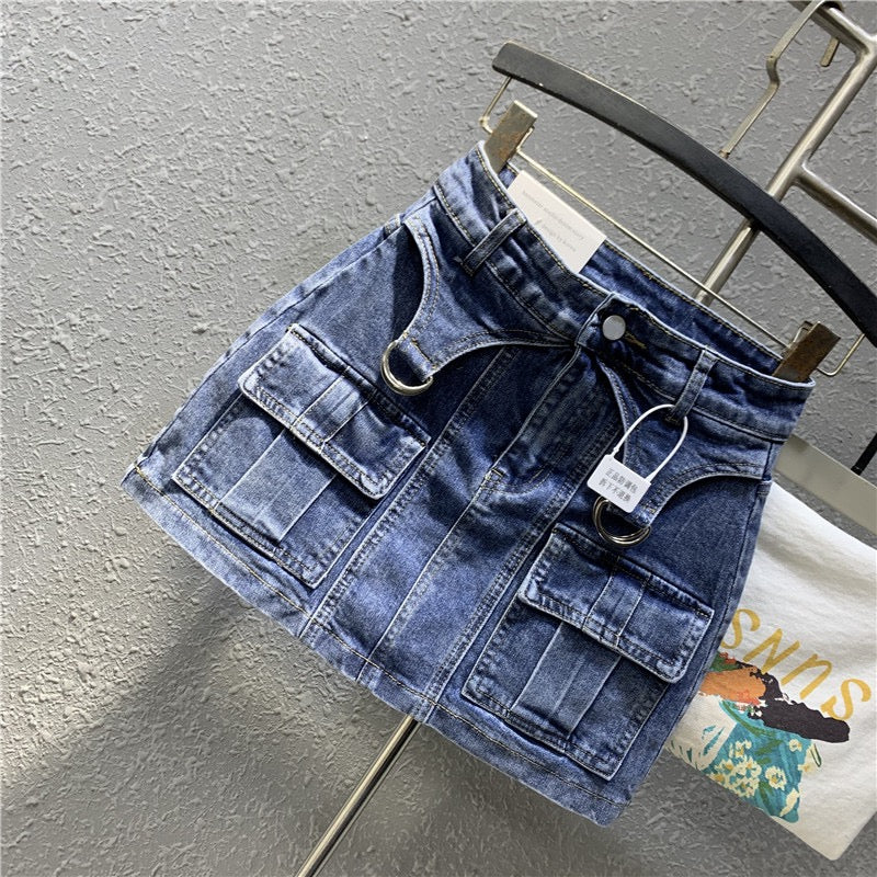 Original European goods 2023 spring new hot girl blue elastic denim bag hip skirt high waist small a-line skirt - EHAORUI