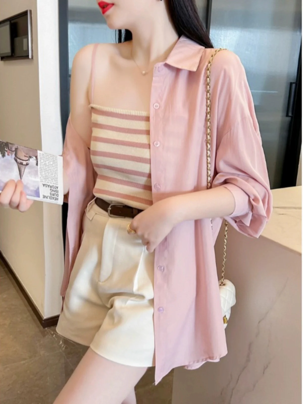 Chic and beautiful shirt for women 2024 new summer small sun protection shirt camisole vest can be salty or sweet two-piece set - EHAORUI