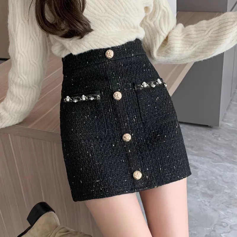 French-style small fragrance temperament bag hip skirt women's autumn and winter new high waist slimming all-match woolen a-line skirt - EHAORUI