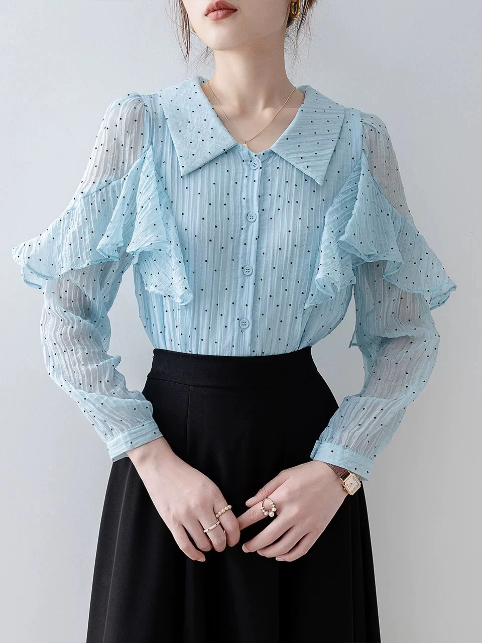 2024 early spring new women's blue polka dot long-sleeved shirt, chic and beautiful small top, ruffled chiffon shirt - EHAORUI