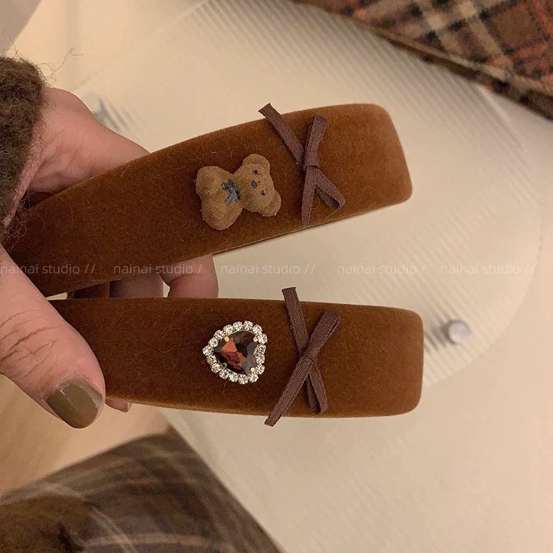 Maillard coffee color hairband ~ sparkling diamond heart + bear bow headband velvet retro French high crown hair accessory - EHAORUI