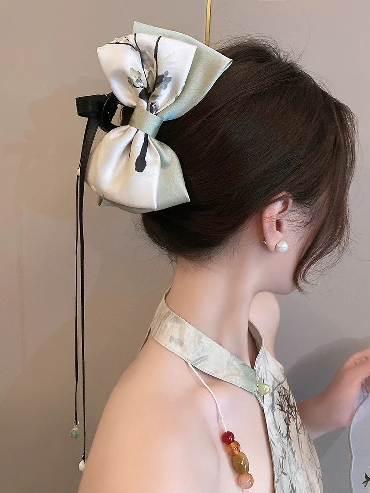New Chinese style bow ribbon grabber for women's back of head large hairpin shark clip hairpin ancient style Hanfu hair accessory - EHAORUI