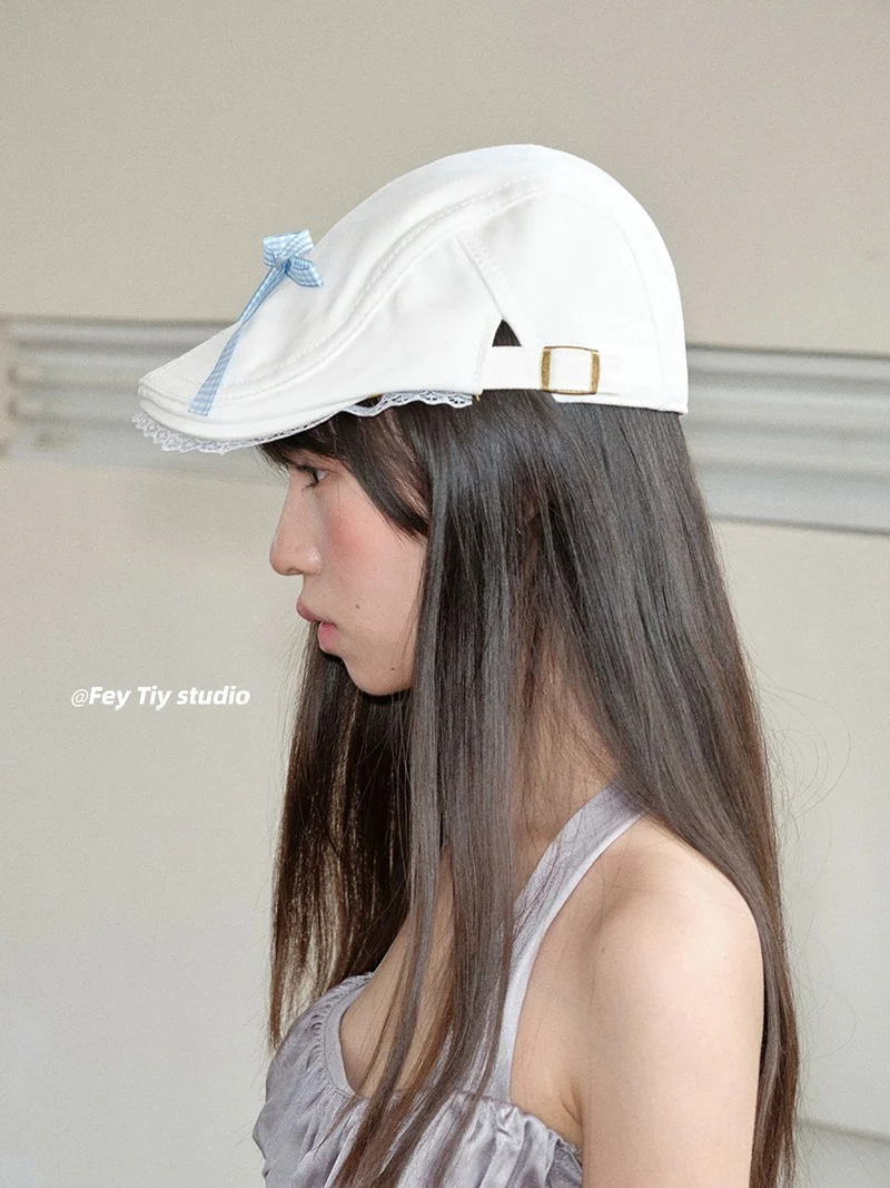 feytiy sweet cool forward hat strap bow lace cap niche personality spring and summer new style - EHAORUI
