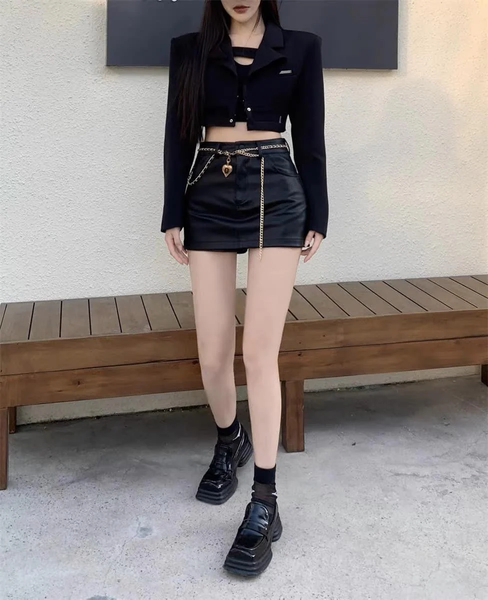 Black bag hip small leather skirt skirt women autumn and winter 2022 new hakama sexy little black skirt high waist a-line skirt - EHAORUI
