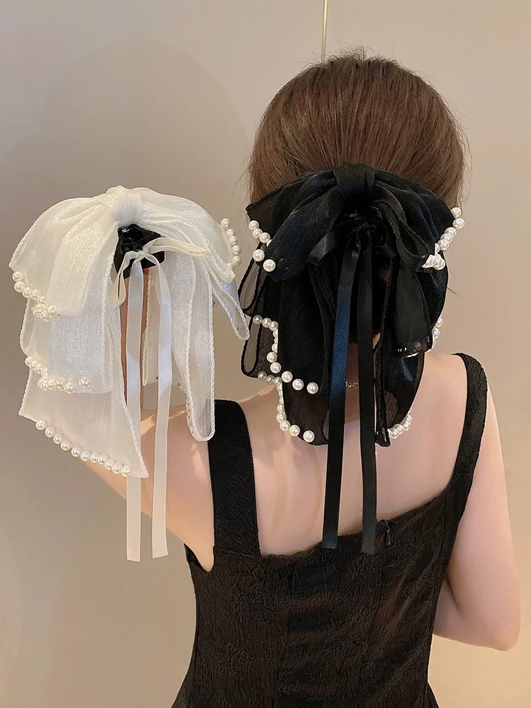 Pearl streamer bow clip clip women's back of head shark clip hairpin clip headwear half-tied high ponytail hairpin - EHAORUI
