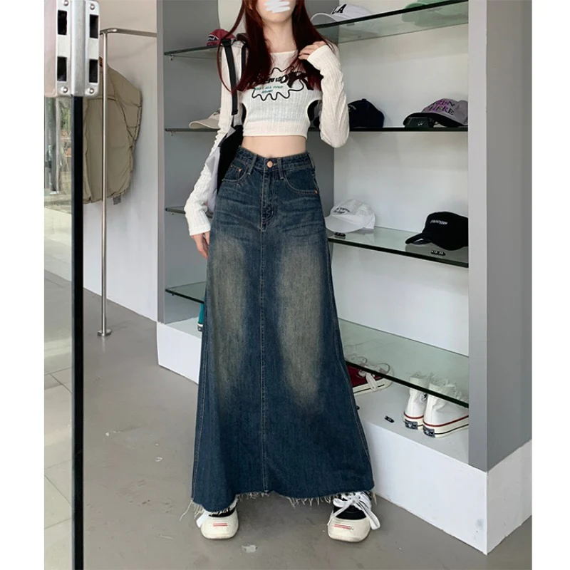 Korean version of high waist retro denim skirt women's spring a-line umbrella skirt straight skirt design sense mid-length skirt - EHAORUI