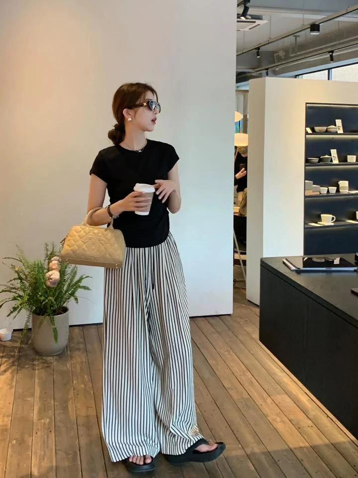 Ayi Lazy Stroll Loose Black and White Striped Pants Women's Summer Straight Pants Yamamoto Pants Casual Wide-leg Pants - EHAORUI