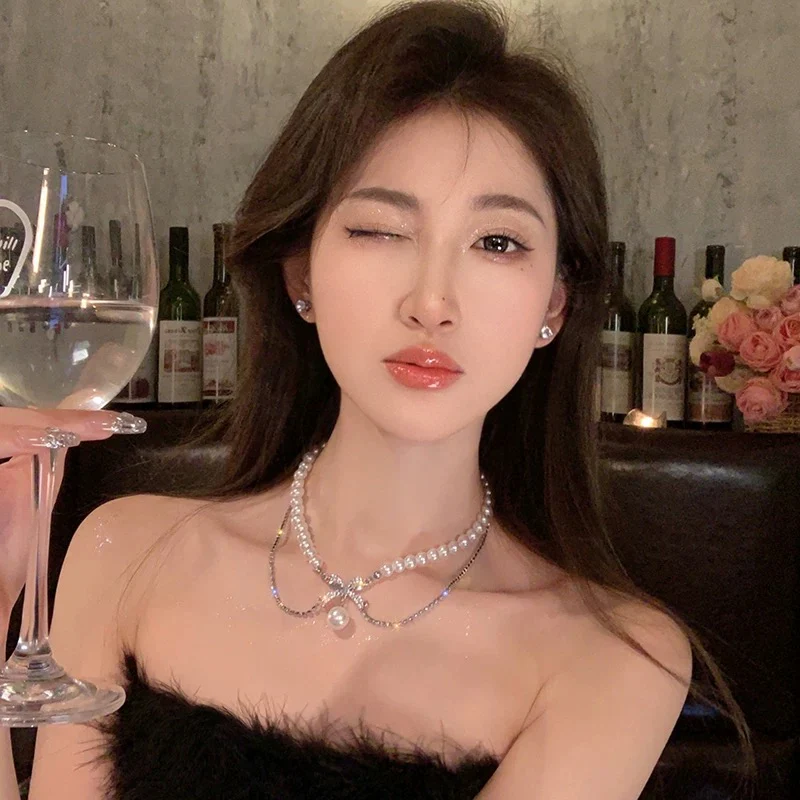 Romantic Escape~Double-layered bow pearl necklace for women, light luxury, niche, elegant, noble, clavicle chain, necklace, trendy - EHAORUI