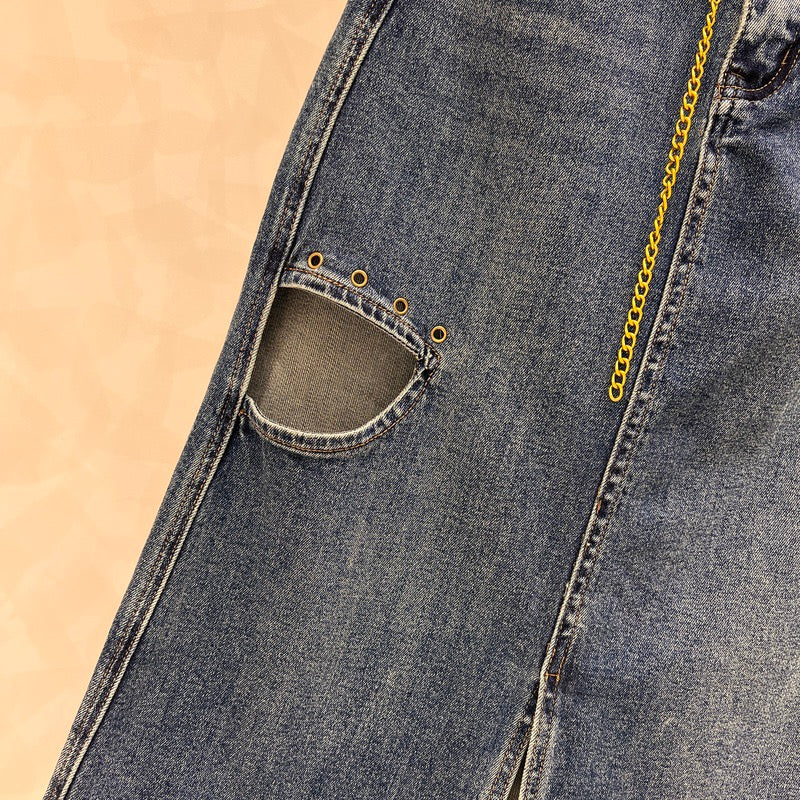 High waist denim skirt women's 2022 autumn new temperament thin ripped hole slit elastic a-line bag hip long skirt - EHAORUI