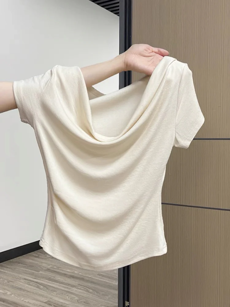 French style one-shoulder short-sleeved T-shirt for women in summer, sweet and spicy niche design, pleated slim waist, beautiful small top - EHAORUI