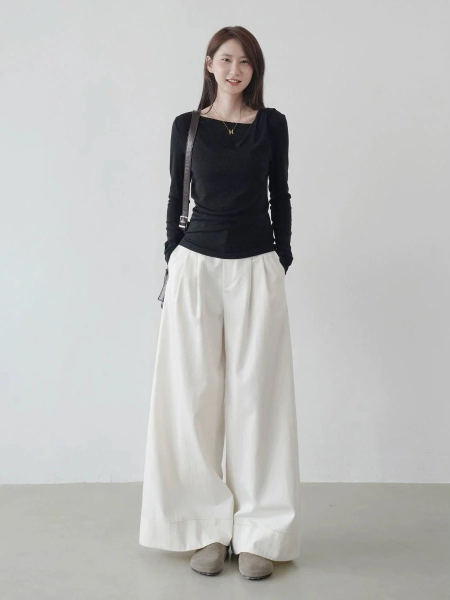 2025 early autumn new high waist straight pants women's loose slim casual wide leg long pants design sense ladies simple - EHAORUI