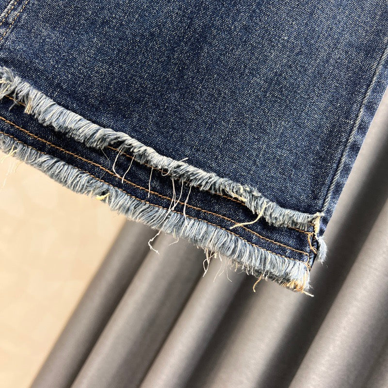 Design sense denim skirt women's spring and summer new washed white fur edge high waist slim a-line bag hip long skirt - EHAORUI