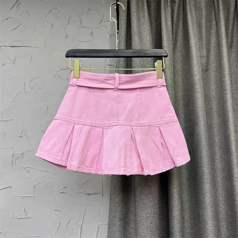 Sweet pink denim short skirt women's pleated skirt autumn 2022 new fashion high waist A-line skirt Korean version q123 - EHAORUI