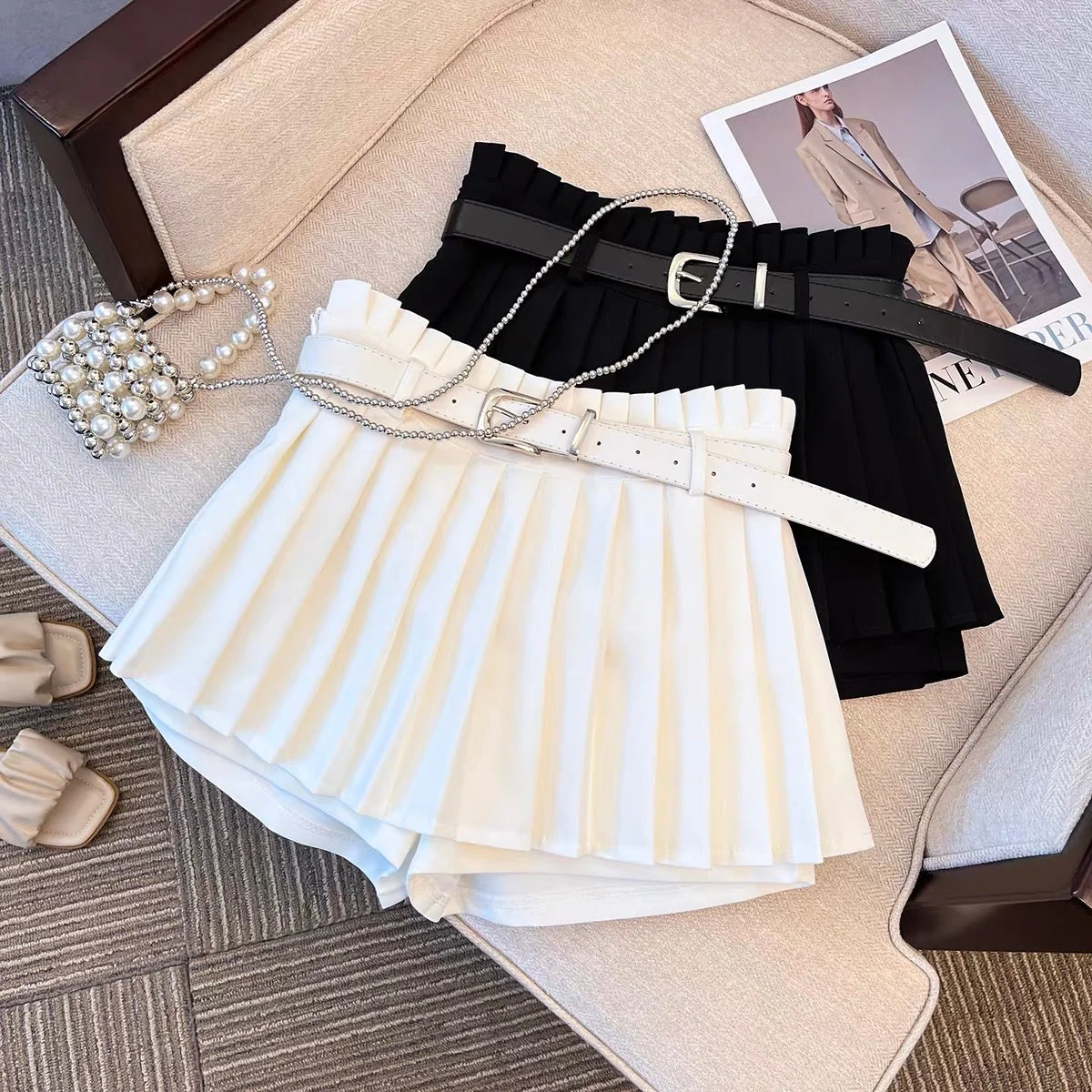 Slim high waist slim pleated shorts skirt women's summer white jk skirt 2023 new women's group A-line skirt - EHAORUI