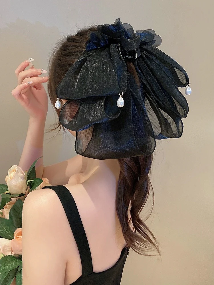 French flower bow clip 2023 new temperament and high-end back head hair clip women's hair accessories half-tied hair clip - EHAORUI