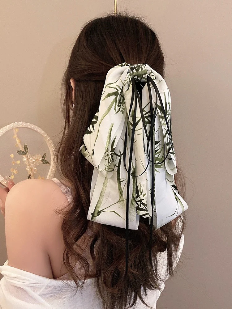New Chinese style ink painting bow ribbon grabber half-tied hairpin female back of head shark clip ancient style Hanfu headwear - EHAORUI