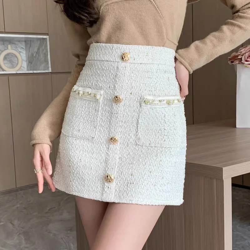 French-style small fragrance temperament bag hip skirt women's autumn and winter new high waist slimming all-match woolen a-line skirt - EHAORUI